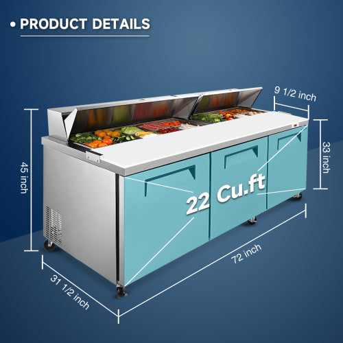 72 IN Commercial Refrigerators Sandwich&Salad Prep Table with a Butcher Block Cutting Board, Protection Lid, Cold Storage, ETL Certified