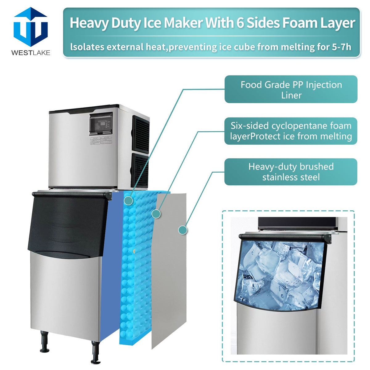 WESTLAKE Commercial Ice Machine 350 lb. Air Cooled Cube Ice Maker with 308 lb. Bin | SK-329 ETL Certified for Restaurant