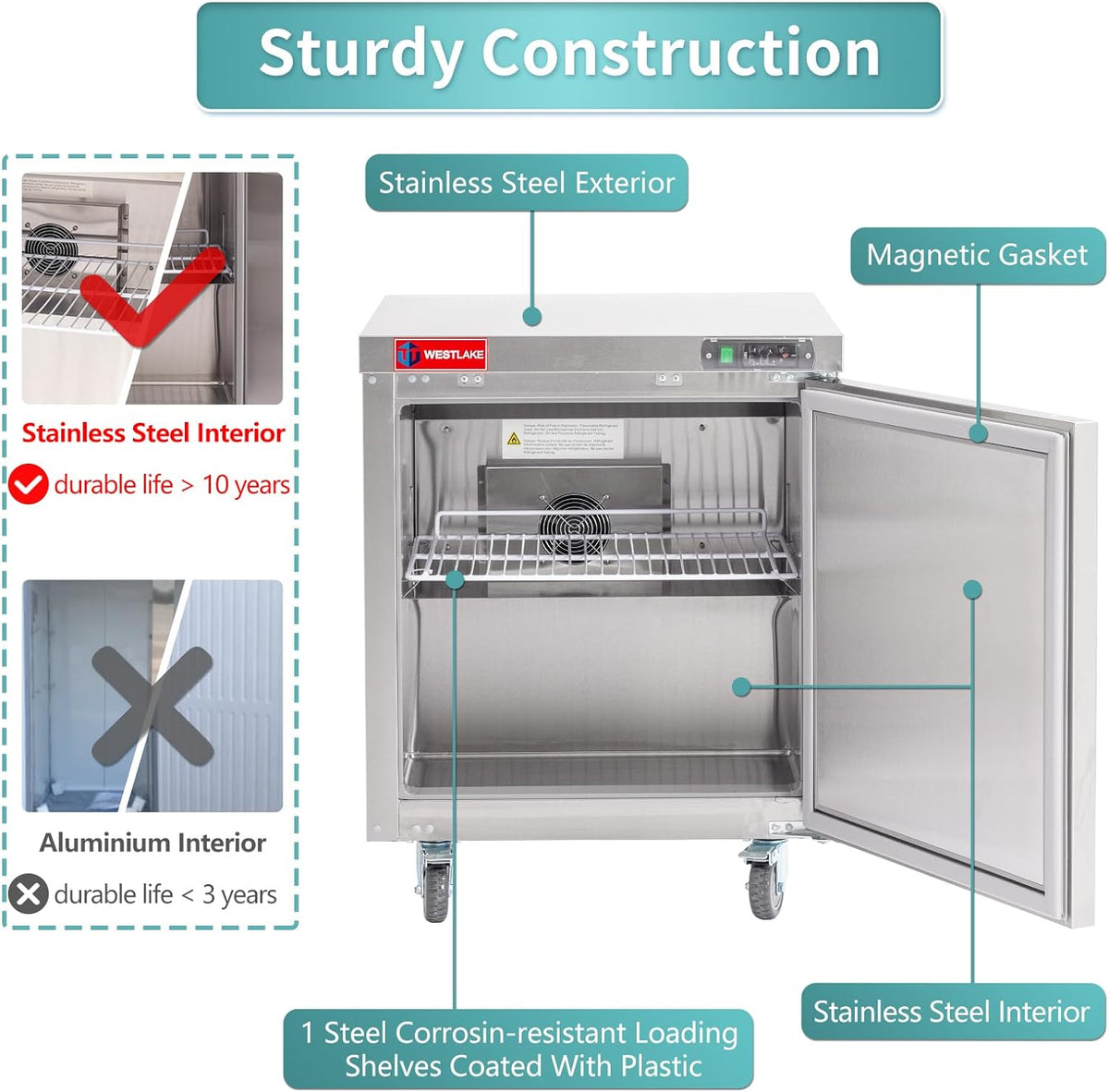 Commercial Undercounter Freezer, WESTLAKE 28" Single Door Stainless Steel Lowboy Cooler Worktop Freezer 6.3 Cu.ft