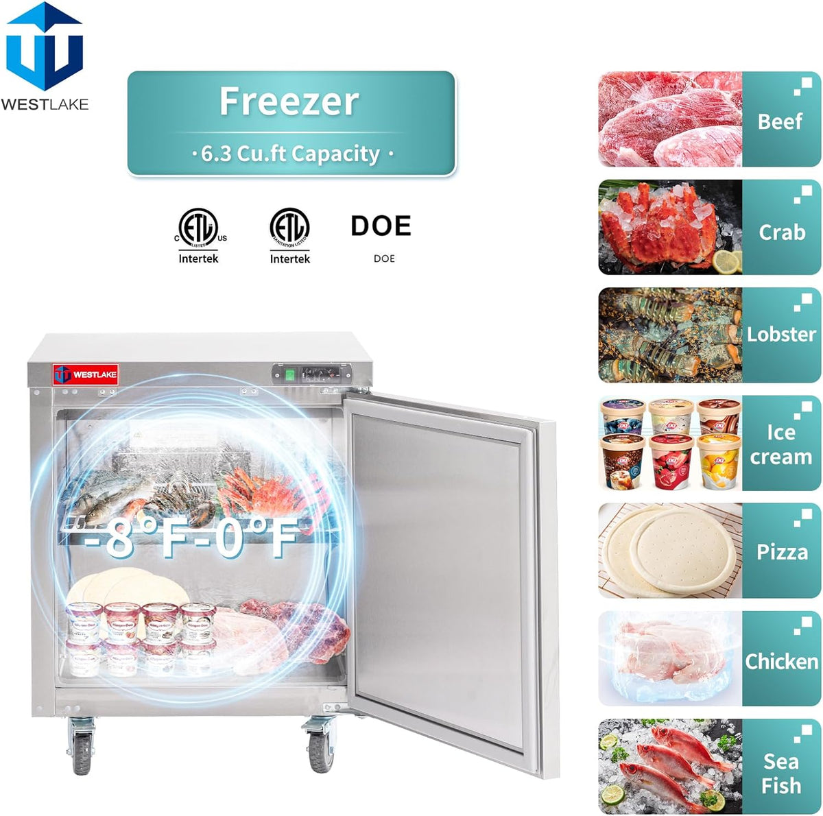 Commercial Undercounter Freezer, WESTLAKE 28" Single Door Stainless Steel Lowboy Cooler Worktop Freezer 6.3 Cu.ft