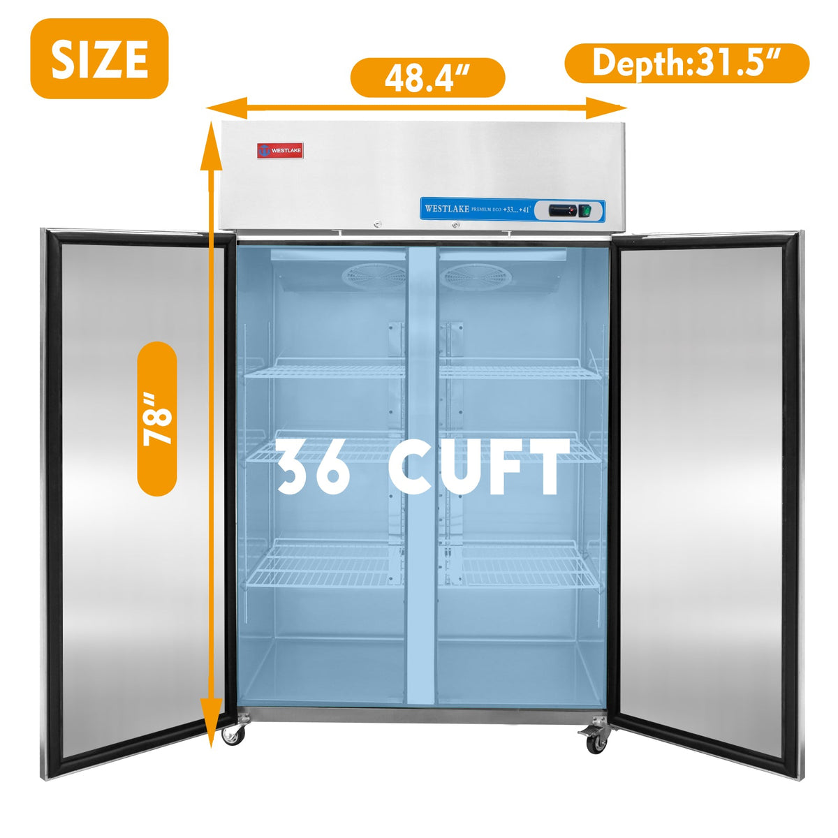 WESTLAKE Commercial Refrigerator 48" 2-Door 36 Cu.ft Stainless Steel | Cubigel ETL Dual-Brake Reach-In for Restaurant