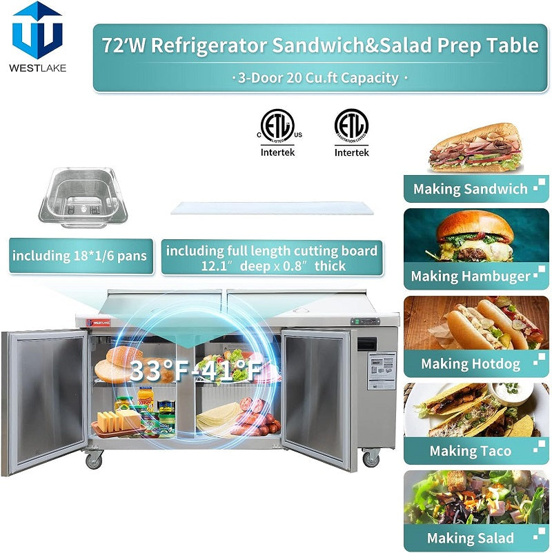 WESTLAKE Commercial Prep Table 72" 3-Door 20 Cu.ft Stainless Steel | Cubigel ETL Sandwich Salad Refrigerator for Restaurant