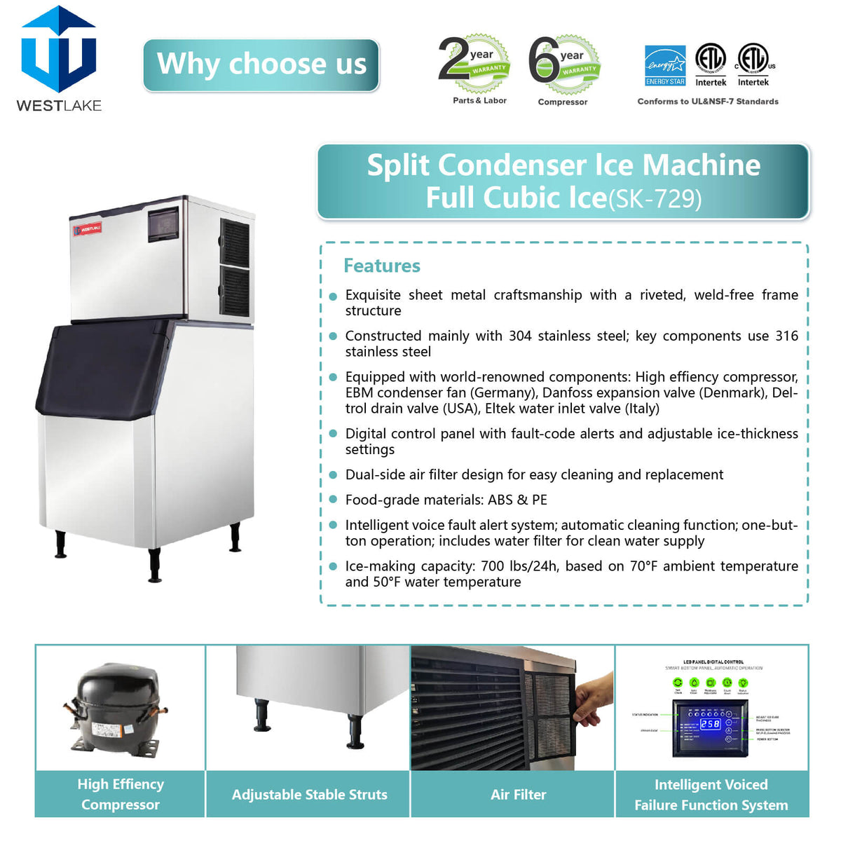 WESTLAKE Commercial Ice Machine 700 lb. Air Cooled Cube Ice Maker with 440 lb. Bin | SK-729 ETL Certified for Restaurant