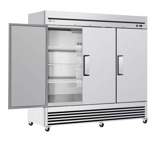 CC 72" Cu Ft Commercial Reach-In Freezer, 3 Solid Door Stainless Steel Upright, -8–0°F Deep Freeze, 9 Heavy-Duty Shelves, R290, 110V