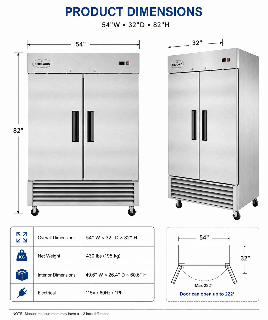 54" Commercial Refrigerator 49 Cu.ft with 2 Solid Door Reach-In Refrigerators Stainless Steel ETL Approved Upright Fridge Storage