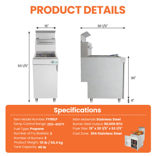 90,000 BTU 3 Burner Commercial Gas Fryer 35-40 lb LP