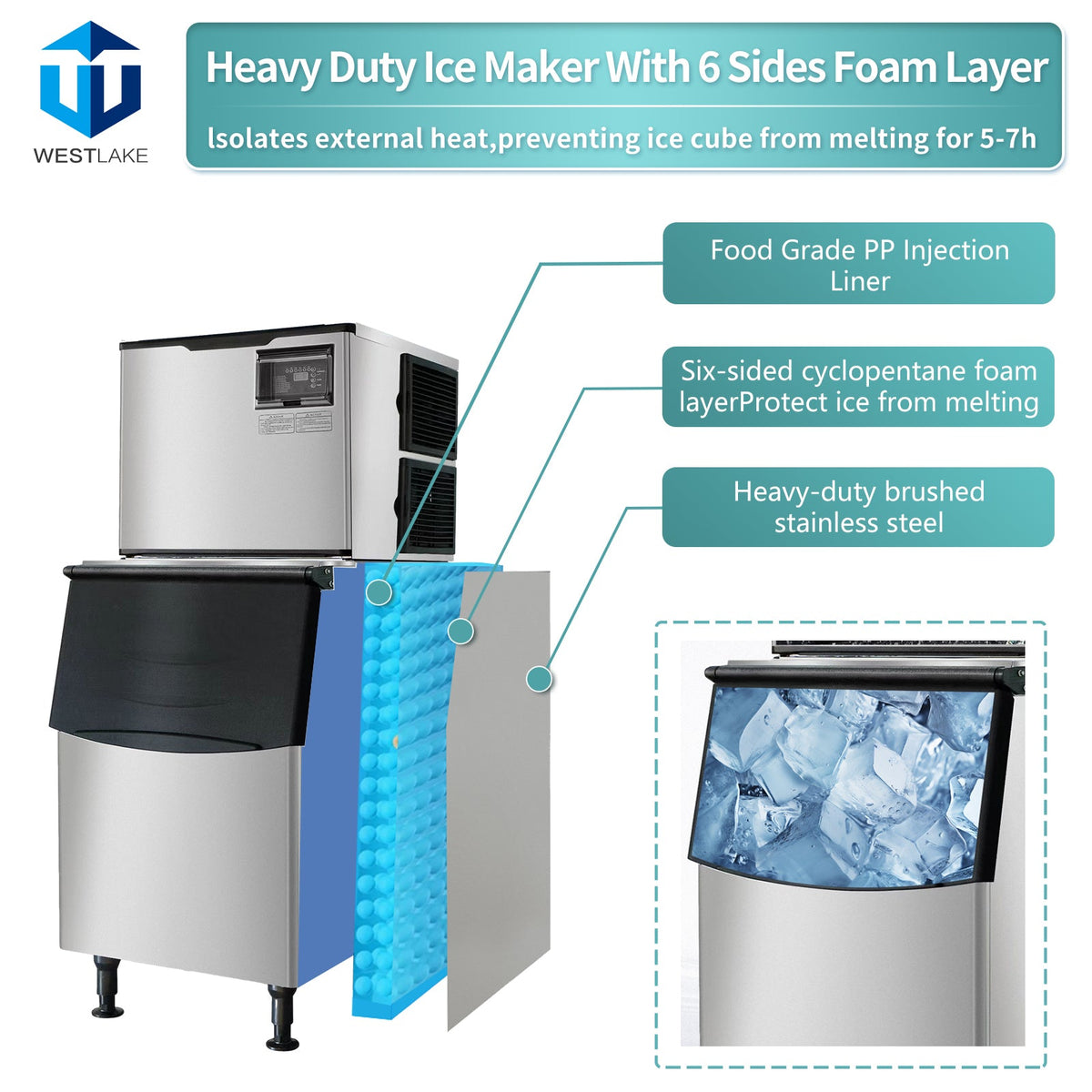 WESTLAKE Commercial Ice Machine 500 lb. Air Cooled Cube Ice Maker with 440 lb. Bin | SK-529 ETL Certified for Restaurant
