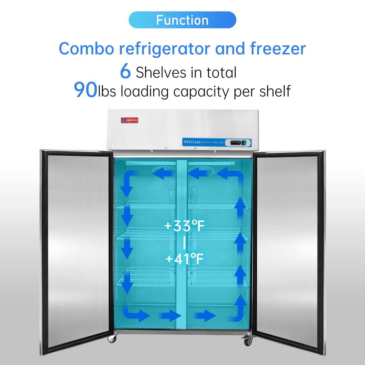 WESTLAKE Commercial Refrigerator 48" 2-Door 36 Cu.ft Stainless Steel | Cubigel ETL Dual-Brake Reach-In for Restaurant