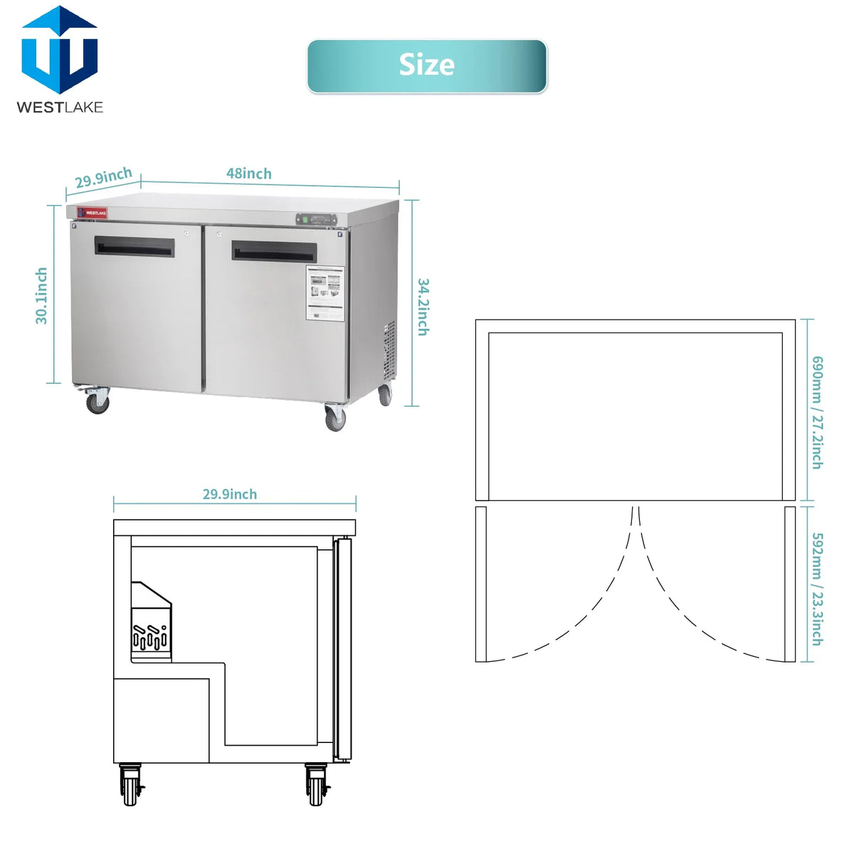 WESTLAKE Commercial Undercounter Freezer 48" 2-Door 12 Cu.ft Stainless Steel | R290 ETL DOE Worktop Lowboy for Restaurant
