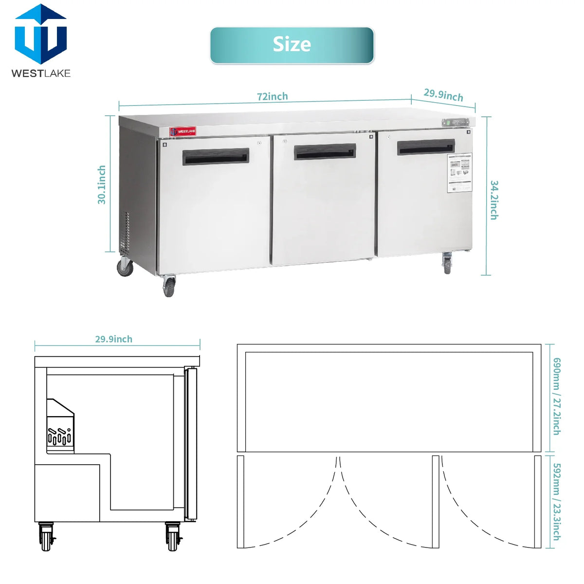 Commercial Undercounter Refrigerator 72" 3-Door 17.7 Cu.ft Stainless Steel | R290 Worktop Lowboy Cooler for Restaurant