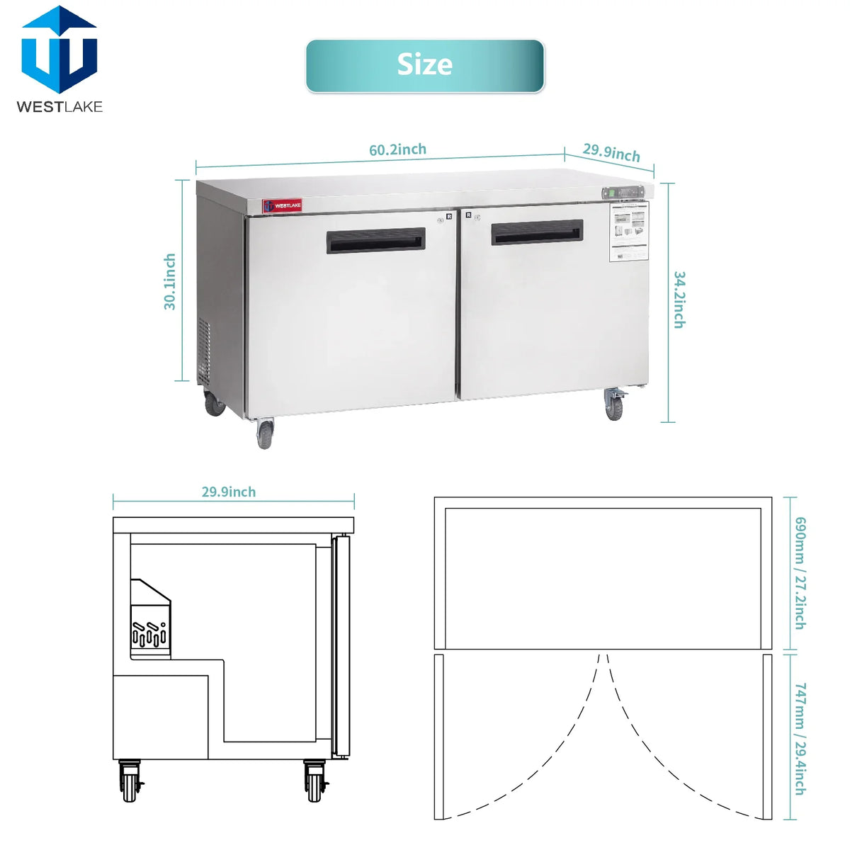 WESTLAKE Commercial Undercounter Refrigerator 60" 2-Door 14.8 Cu.ft Stainless Steel | R290 Worktop Lowboy Cooler for Restaurant