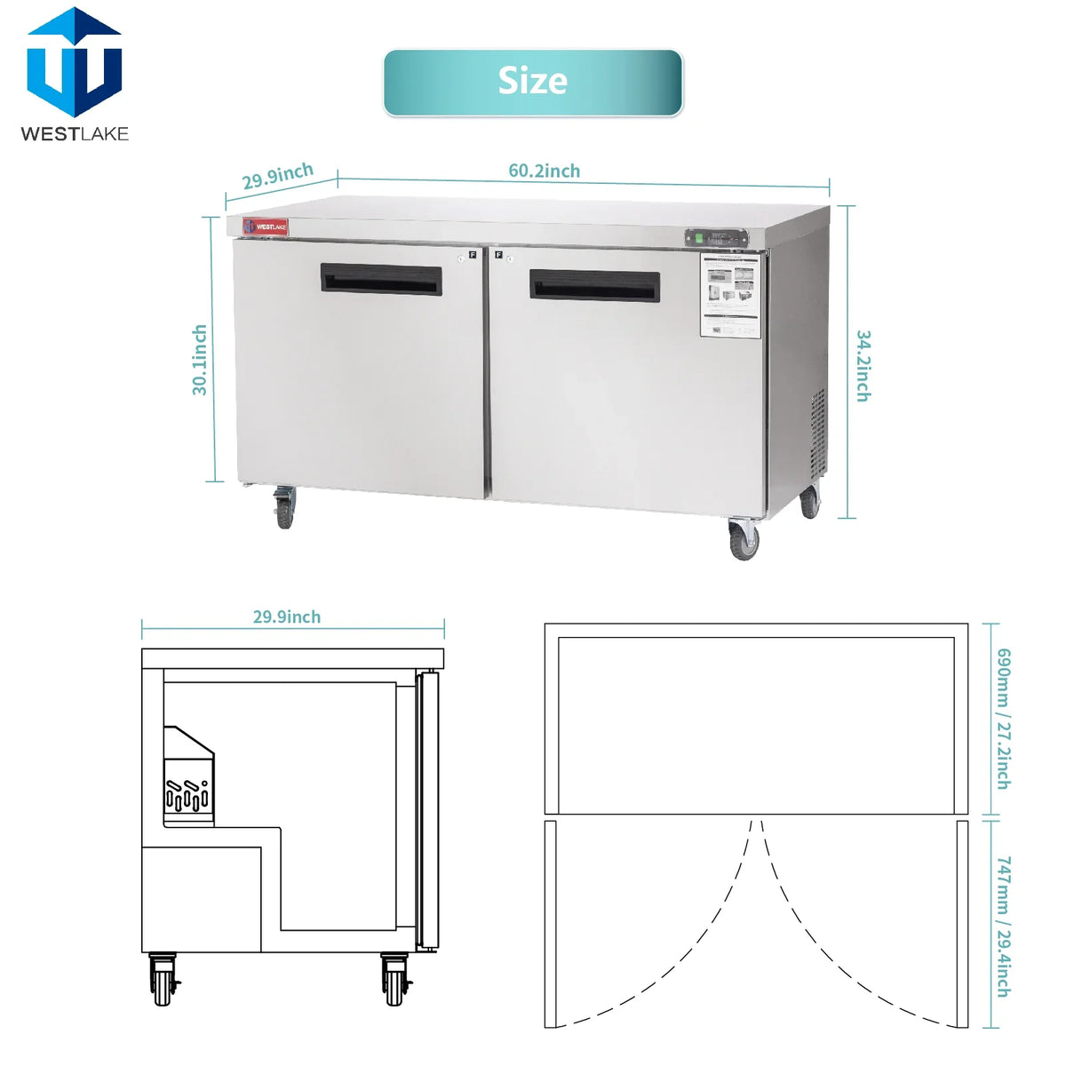 WESTLAKE Commercial Undercounter Freezer 60" 2-Door 14.8 Cu.ft Stainless Steel | R290 ETL DOE Worktop Lowboy for Restaurant