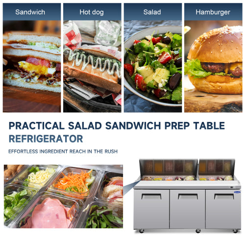 72 IN Commercial Refrigerators Sandwich&Salad Prep Table with a Butcher Block Cutting Board, Protection Lid, Cold Storage, ETL Certified
