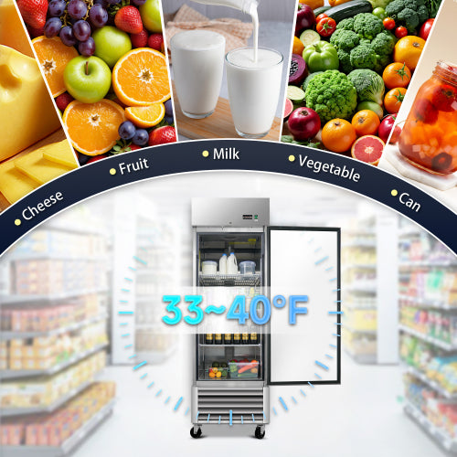 27" Commercial Refrigerator 23 Cu.ft with 1 Solid Door Reach-In Refrigerators Stainless Steel ETL Approved Upright Fridge Storage
