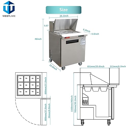 WESTLAKE Commercial Prep Table 27" 1-Door 12-Pan Mega Top Stainless Steel | Embraco ETL DOE Sandwich Salad Refrigerator