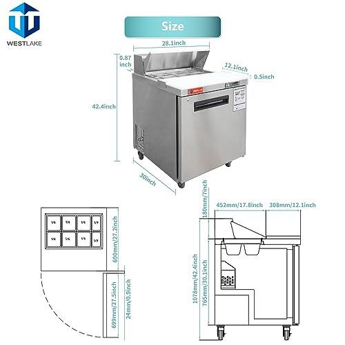 WESTLAKE Commercial Prep Table 27" 1-Door 8-Pan Stainless Steel | Copper Evaporator ETL Sandwich Salad Refrigerator