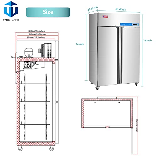 WESTLAKE Commercial Freezer 48" 2-Door 36 Cu.ft Stainless Steel | Cubigel ETL DOE Reach-In for Restaurant
