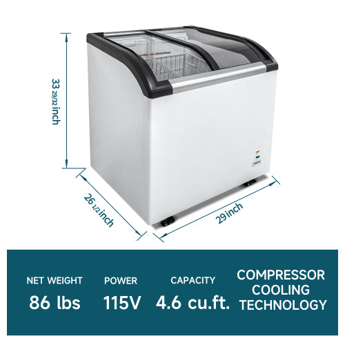Curved Top Display Freezer 4.6 Cu.ft Sliding Glass Lid Ice Cream Freezers Commercial Mobile Chest Freezer with LED Lighting
