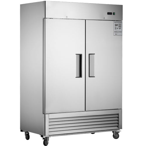 54"W Commercial Refrigerator 2 Section 2 Solid Door Stainless Steel Interior and Exterior Reach-in Refrigerator 42.2 Cu.ft. Upright Fan Cooling Refrigerator for Restaurants and Commercial Environments