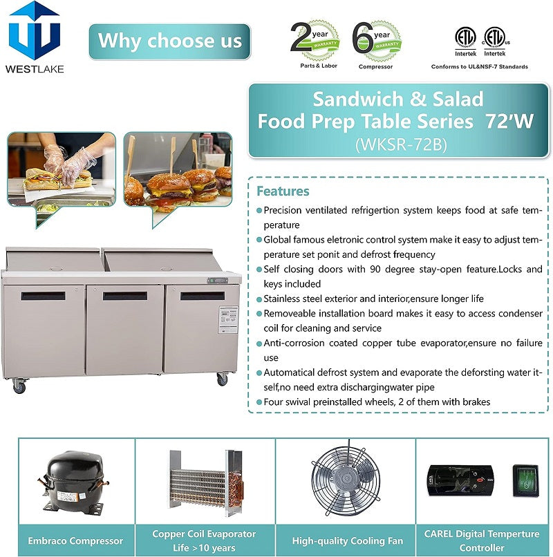 WESTLAKE Commercial Prep Table 72" 3-Door 20 Cu.ft Stainless Steel | Cubigel ETL Sandwich Salad Refrigerator for Restaurant