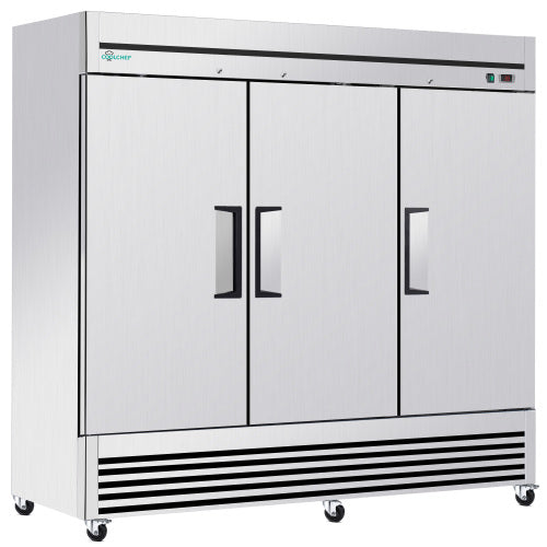 CC 72" Cu Ft Commercial Reach-In Refrigerator, 3 Solid Door Stainless Steel Upright Cooler, 33–40°F Digital Thermostat, 9 Shelves, R290, 110V