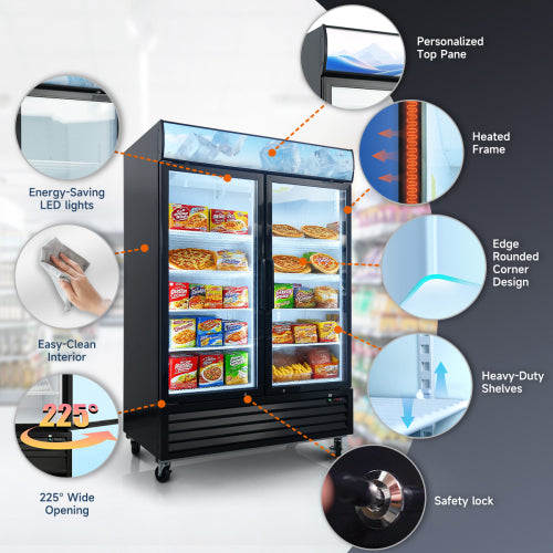 Glass Door Merchandiser Freezer 44.7 Cu.ft Swing Door Commercial Reach-In Display Freezers with LED Top Panel Upright Freeze Storage