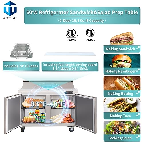 WESTLAKE Commercial Mega Top Prep Table 60" 2-Door Stainless Steel | Cubigel ETL Sandwich Salad Refrigerator for Restaurant