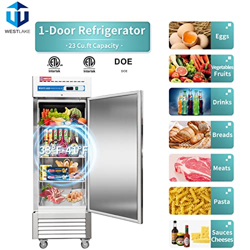 WESTLAKE Commercial Refrigerator 27" 1-Door 23 Cu.ft Stainless Steel | 6-Shelf Embraco DOE Reach-In for Restaurant