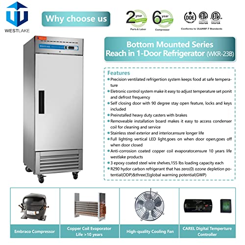 WESTLAKE Commercial Refrigerator 27" 1-Door 23 Cu.ft Stainless Steel | 6-Shelf Embraco DOE Reach-In for Restaurant