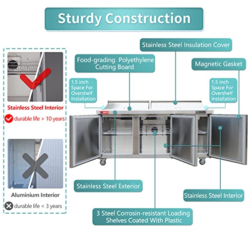 WESTLAKE Commercial Prep Table 72" 3-Door 20-Pan Stainless Steel | Embraco ETL DOE Sandwich Salad Refrigerator for Restaurant