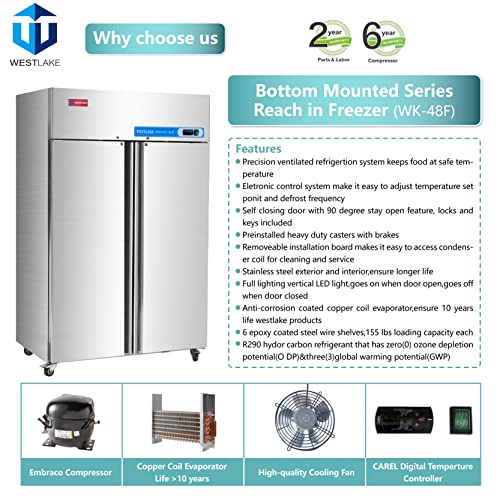 WESTLAKE Commercial Freezer 48" 2-Door 36 Cu.ft Stainless Steel | Cubigel ETL DOE Reach-In for Restaurant