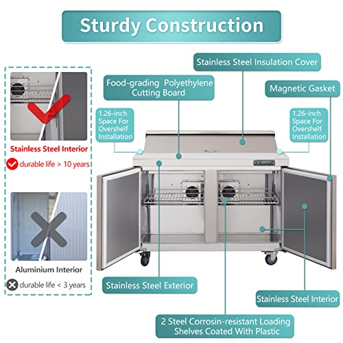 WESTLAKE Commercial Prep Table 60" 2-Door 16-Pan 12.9 Cu.ft Stainless Steel | 1/2HP Embraco ETL DOE Sandwich Salad Refrigerator for Restaurant