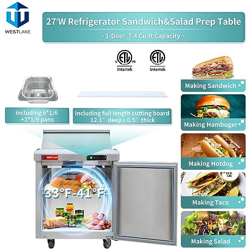 WESTLAKE Commercial Prep Table 27" 1-Door 8-Pan Stainless Steel | Copper Evaporator ETL Sandwich Salad Refrigerator