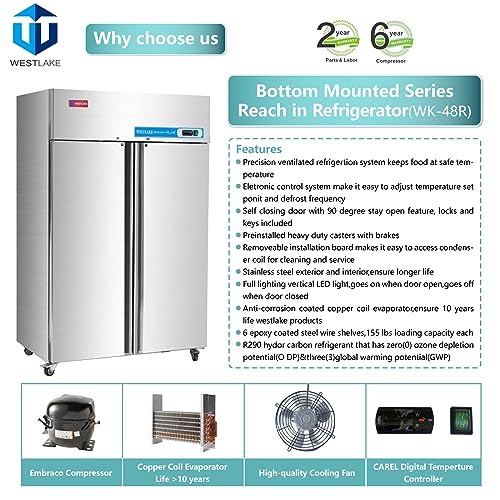 WESTLAKE Commercial Refrigerator 48" 2-Door 36 Cu.ft Stainless Steel | Cubigel NSF ETL Reach-In for Restaurant