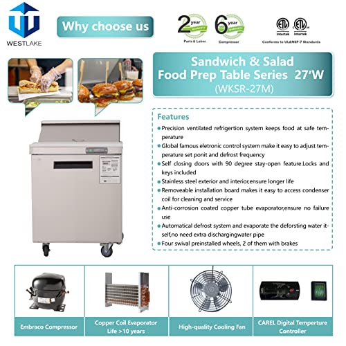 WESTLAKE Commercial Prep Table 27" 1-Door 8-Pan Stainless Steel | Copper Evaporator ETL Sandwich Salad Refrigerator