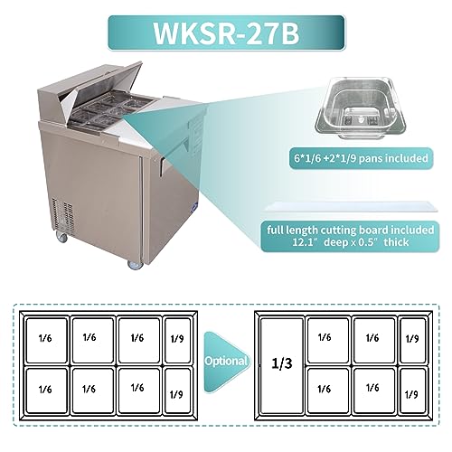 WESTLAKE Commercial Prep Table 27" 1-Door 8-Pan Stainless Steel | Copper Evaporator ETL Sandwich Salad Refrigerator