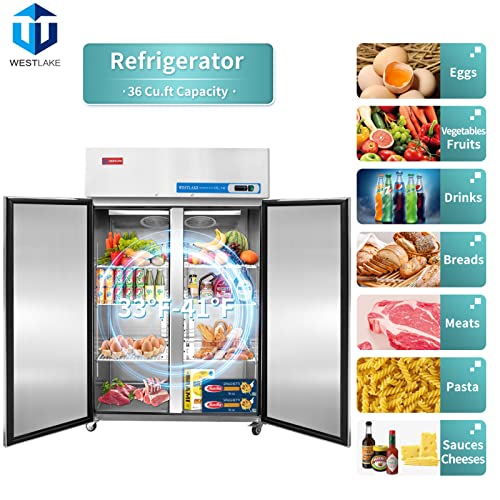 WESTLAKE Commercial Refrigerator 48" 2-Door 36 Cu.ft Stainless Steel | Cubigel NSF ETL Reach-In for Restaurant