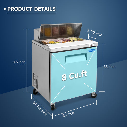 29 IN Commercial Refrigerators Sandwich&Salad Prep Table with a Butcher Block Cutting Board, Protection Lid, Cold Storage, ETL Certified