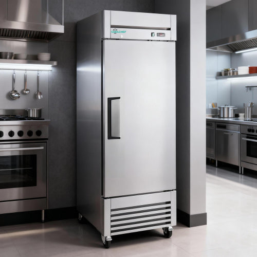 27"W Commercial Freezer Single Solid Door Stainless Steel Interior and Exterior Construction Reach-in Freezer 23 Cu.ft. Upright Fan Cooling Freezer for Restaurants and Commercial Environments