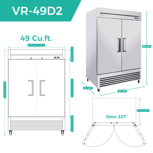CC 54" Commercial Refrigerator 49 Cu.Ft, Stainless Steel 2 Door Reach-in Fridge, 32–37℉, Air Cooling, LED Light, 6 Shelves, R290, ETL