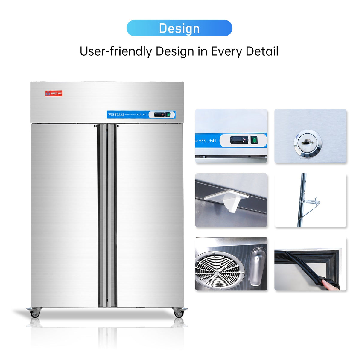 WESTLAKE Commercial Refrigerator 48" 2-Door 36 Cu.ft Stainless Steel | Cubigel ETL Dual-Brake Reach-In for Restaurant