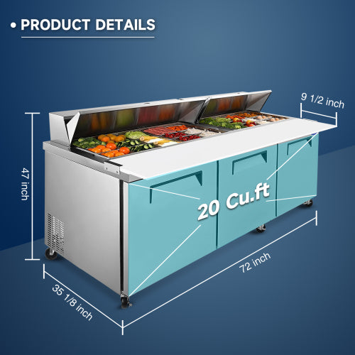 72M IN Commercial Refrigerators Sandwich&Salad Prep Table with a Butcher Block Cutting Board, Protection Lid, Cold Storage, ETL Certified