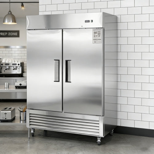 54"W Commercial Refrigerator 2 Section 2 Solid Door Stainless Steel Interior and Exterior Reach-in Refrigerator 42.2 Cu.ft. Upright Fan Cooling Refrigerator for Restaurants and Commercial Environments