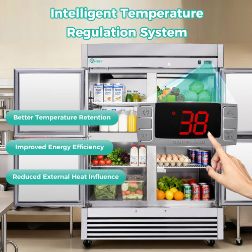 CC 54" Commercial Refrigerator 49 Cu.Ft, Stainless Steel 4-Door Reach-in Fridge, 32–37℉, Air Cooling, LED Light, 6 Shelves, R290, ETL