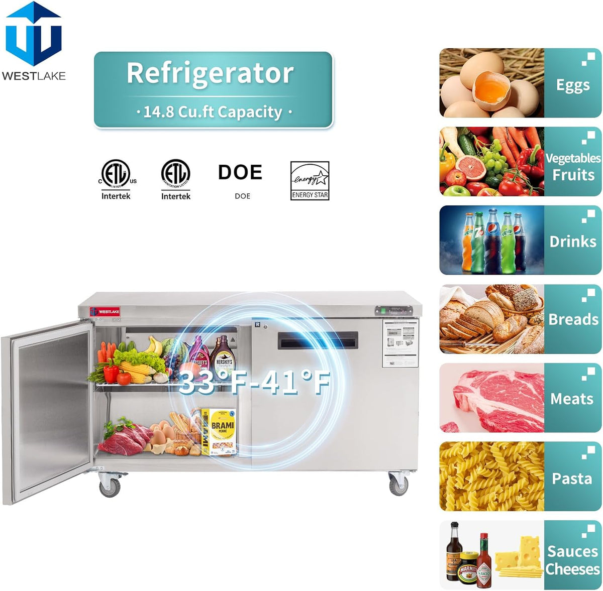WESTLAKE Commercial Undercounter Refrigerator 60" 2-Door 14.8 Cu.ft Stainless Steel | R290 Worktop Lowboy Cooler for Restaurant