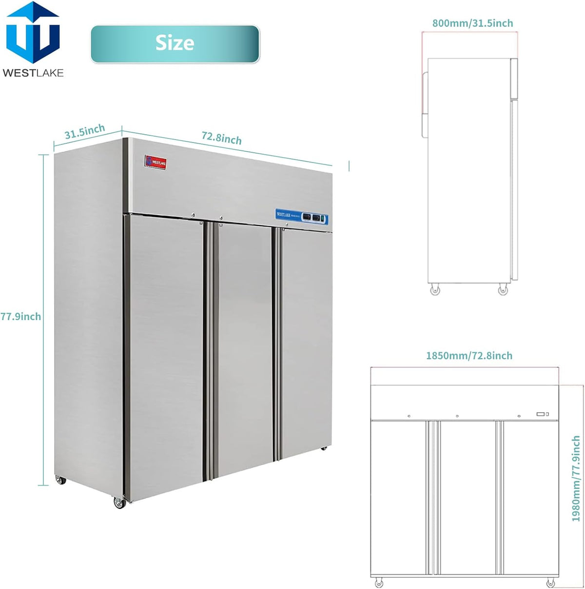 Commercial Refrigerator and Freezer Combo, WESTLAKE 72" 3 door Reach-In Commercial Fridge and Freezer Combination