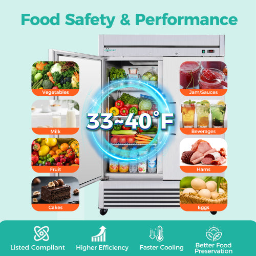 CC 54" Commercial Refrigerator 49 Cu.Ft, Stainless Steel 2 Door Reach-in Fridge, 32–37℉, Air Cooling, LED Light, 6 Shelves, R290, ETL