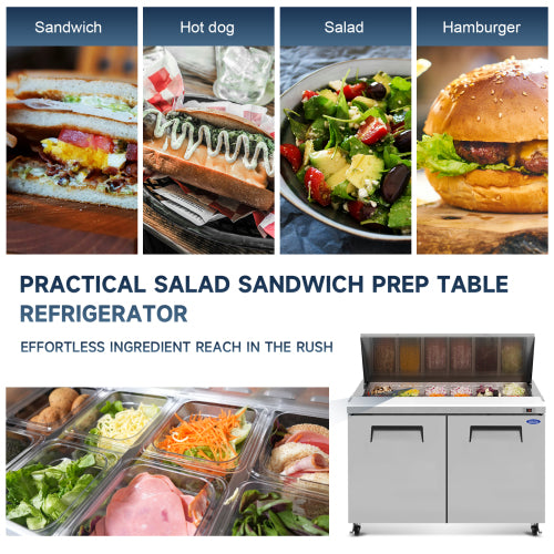 48 IN Commercial Refrigerators Sandwich&Salad Prep Table with a Butcher Block Cutting Board, Protection Lid, Cold Storage, ETL Certified