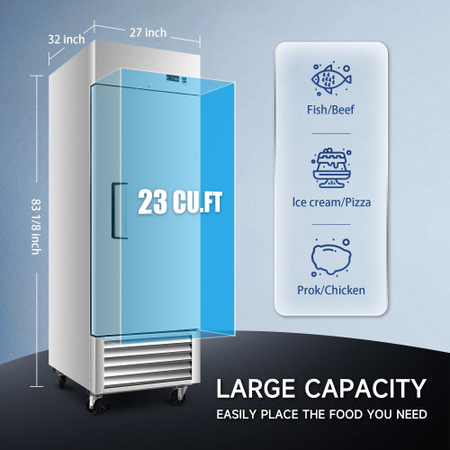 27" Commercial Freezer 23 Cu.ft with 1 Solid Door Reach-In Freezers Stainless Steel ETL Approved Upright Freeze Storage