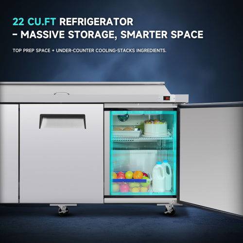 72 IN Commercial Refrigerators Sandwich&Salad Prep Table with a Butcher Block Cutting Board, Protection Lid, Cold Storage, ETL Certified